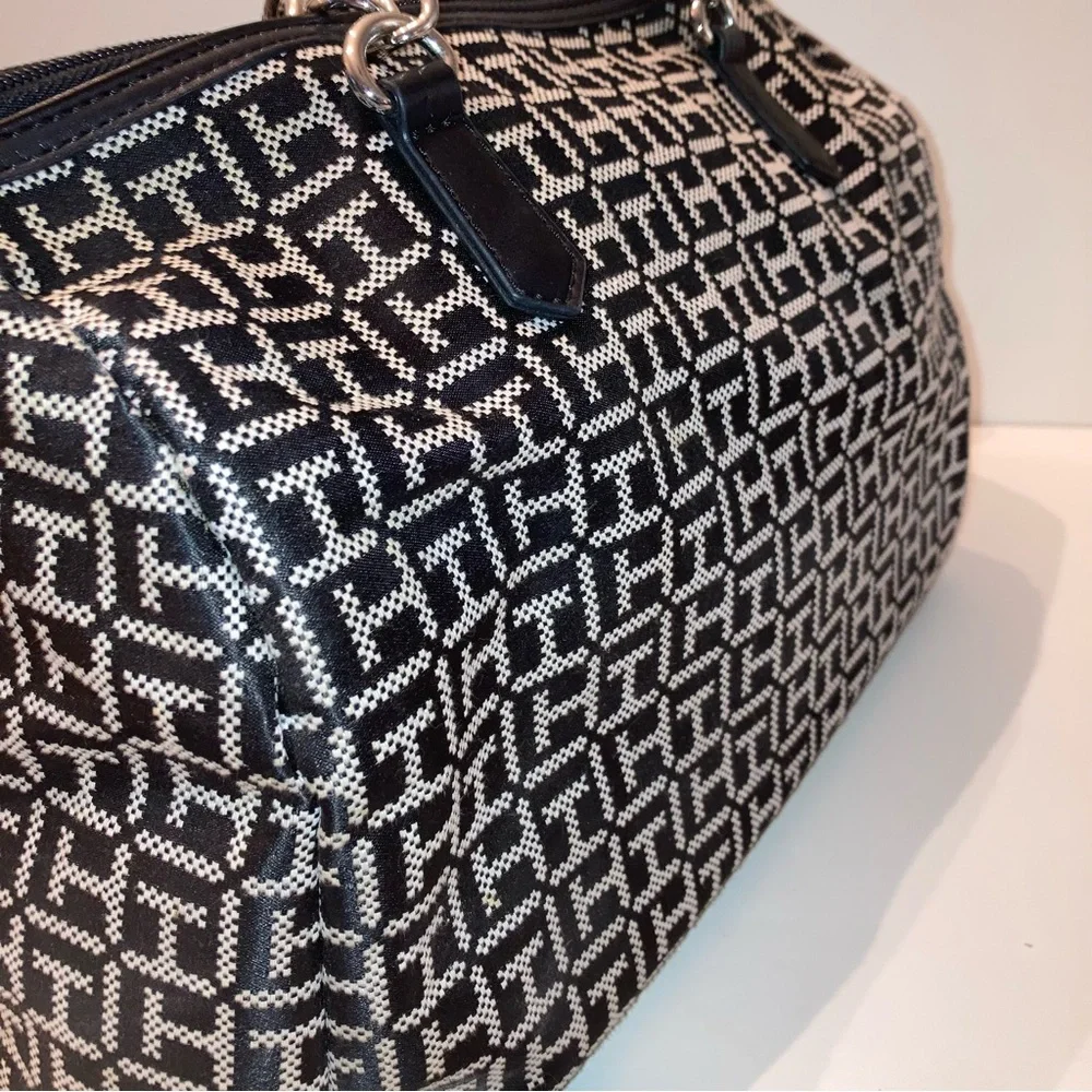 Tommy Hilfiger Black White Satchel Handbag Bowler TH Logo Monogram Fall Purse